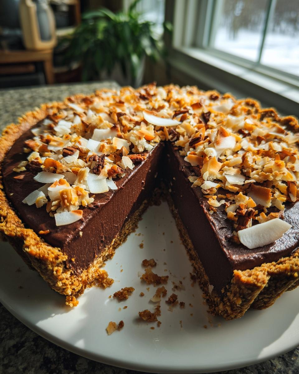 A rich, dark chocolate filling german chocolate pie with a thick crust, topped with toasted coconut and pecans.
