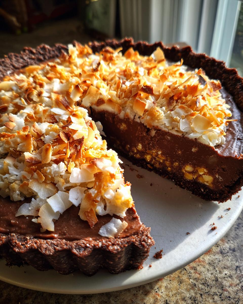 A rich, dark chocolate tart, representing a german chocolate pie, topped generously with toasted coconut flakes, with one slice removed.