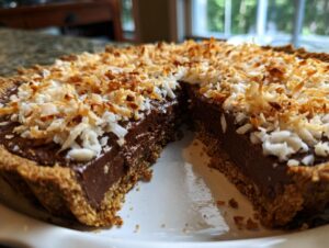 A close-up of a slice removed from a german chocolate pie showing the thick chocolate filling and toasted coconut topping.