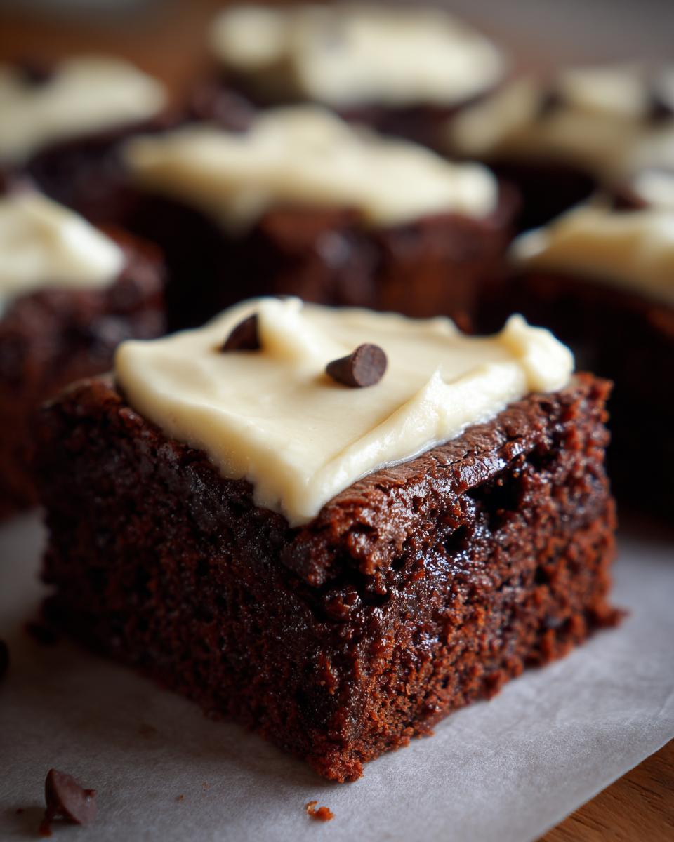 A close-up of a moist, dark gingerbread brownies square topped with cream cheese frosting and mini chocolate chips.