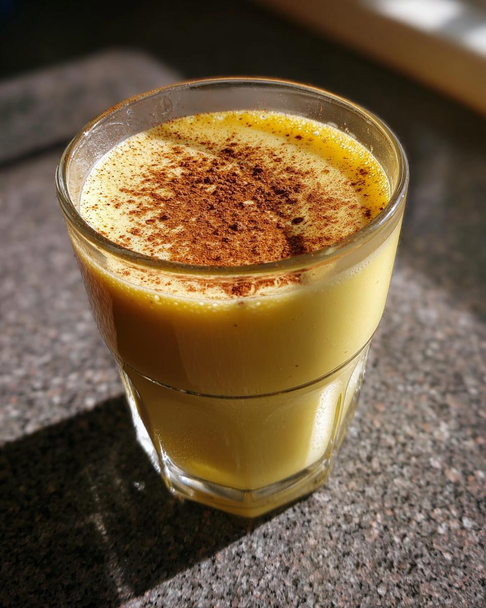 A close-up of a glass filled with rich, yellow homemade eggnog, topped with a dusting of cinnamon or nutmeg.