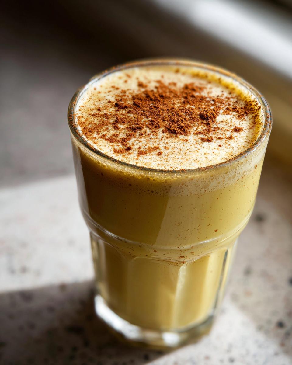 Close-up of a glass filled with creamy homemade eggnog, topped with a generous dusting of cinnamon.