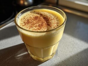 A close-up of a glass filled with creamy homemade eggnog, topped with a dusting of cinnamon.