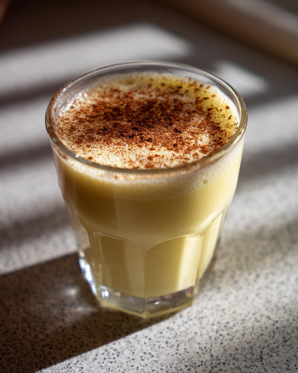 A close-up of a glass filled with creamy homemade eggnog, topped with a dusting of cinnamon or nutmeg.