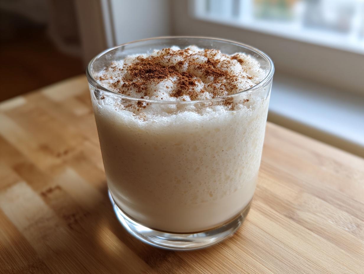 A glass filled with creamy, frothy coquito recipe, dusted generously with ground cinnamon on top.