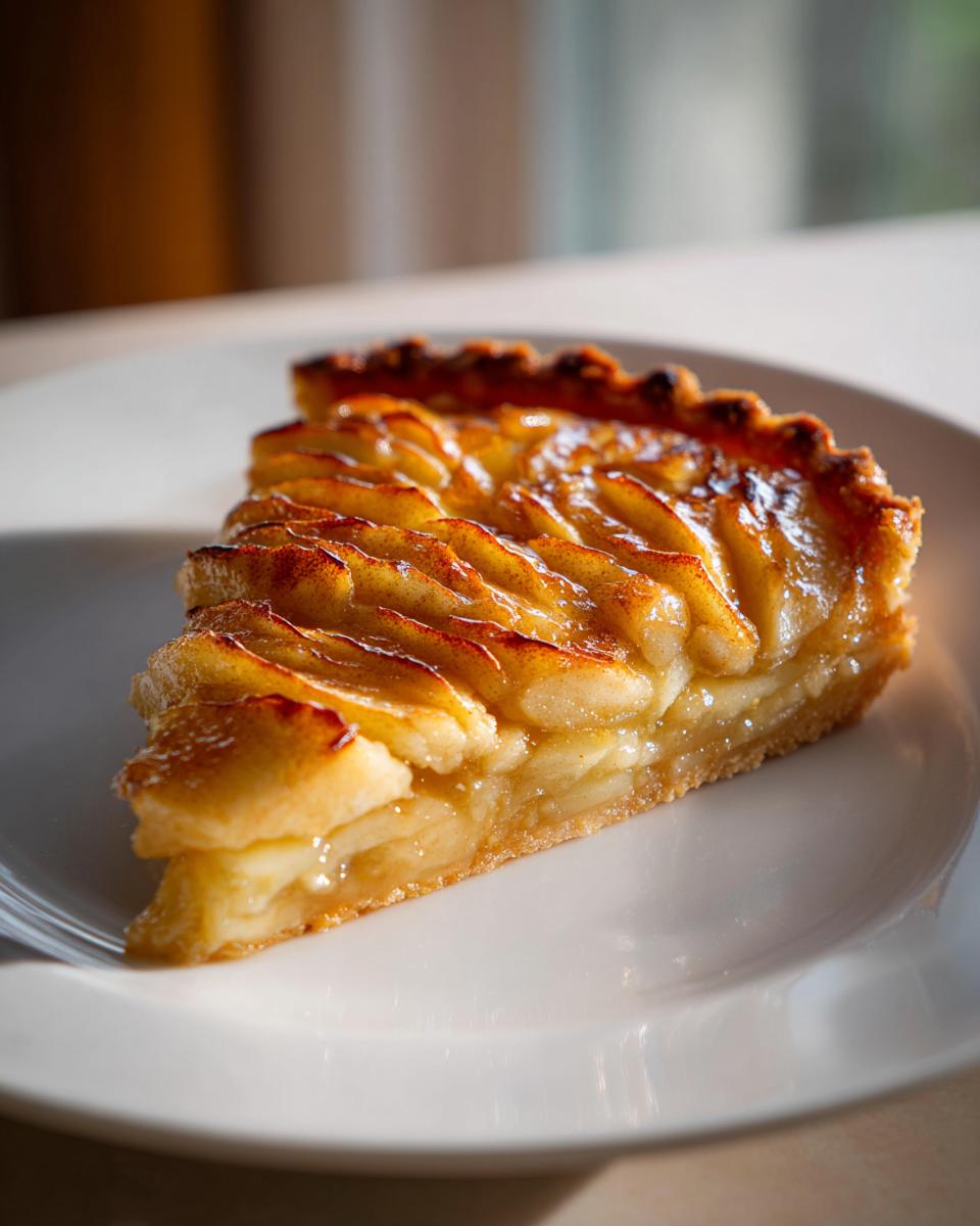 A close-up of a glistening, caramelized slice of apple tart showing layered fruit and flaky crust.