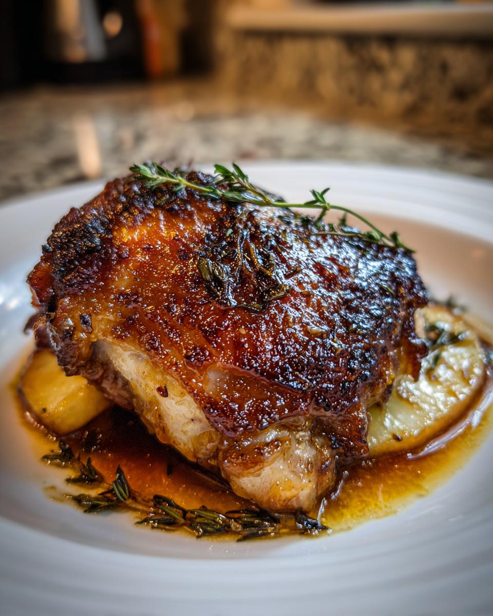 Close-up of a single, deeply browned and glazed braised chicken thighs piece garnished with fresh thyme sprigs.