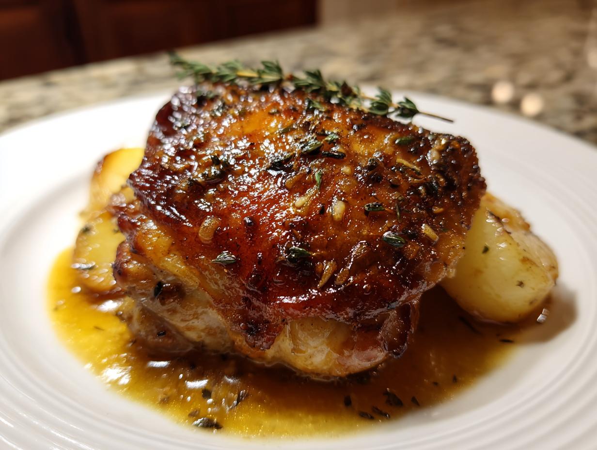 A perfectly glazed, crispy-skinned braised chicken thigh served over potatoes with thyme garnish.