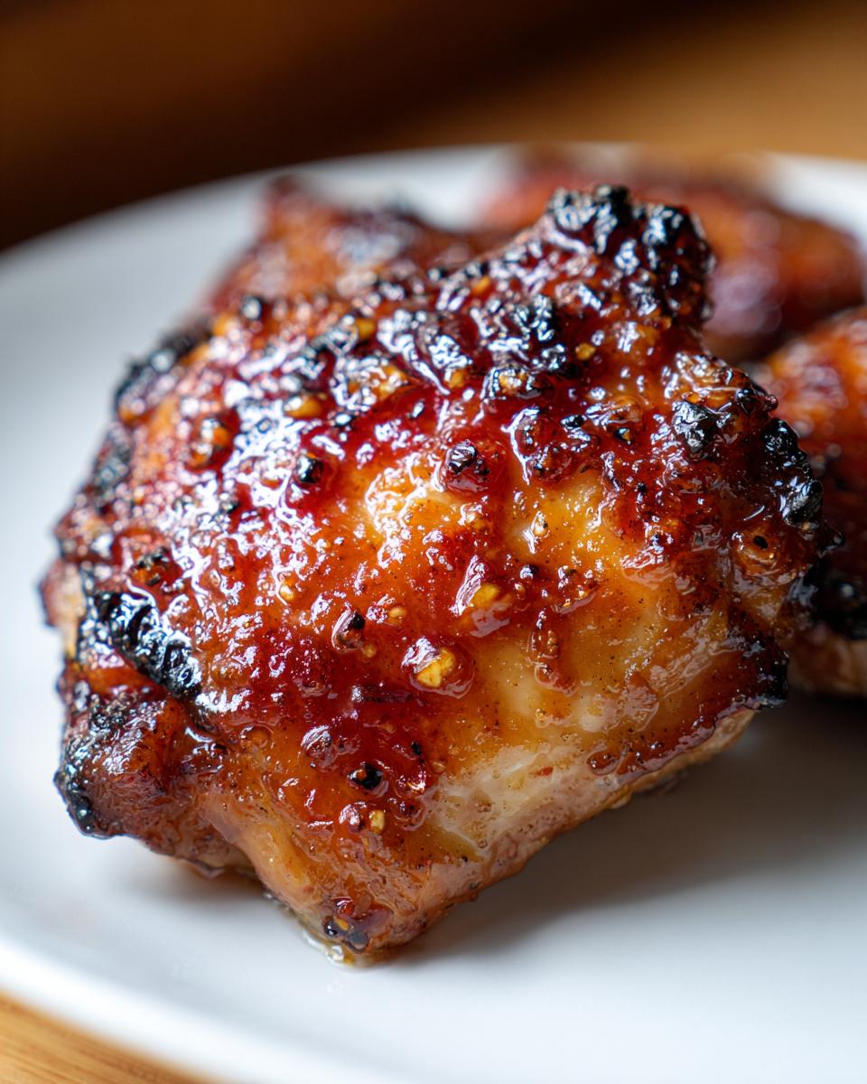 Close-up of a perfectly cooked, glazed chicken thigh with a sticky, caramelized, and slightly charred exterior.
