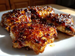 Close-up of four perfectly cooked, heavily glazed, and caramelized chicken thighs resting on a white plate.