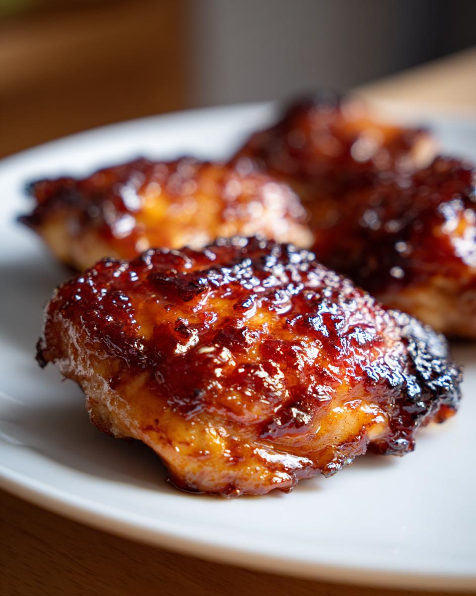Close-up of three glazed, caramelized chicken thighs with a sticky, dark brown sauce on a white plate.