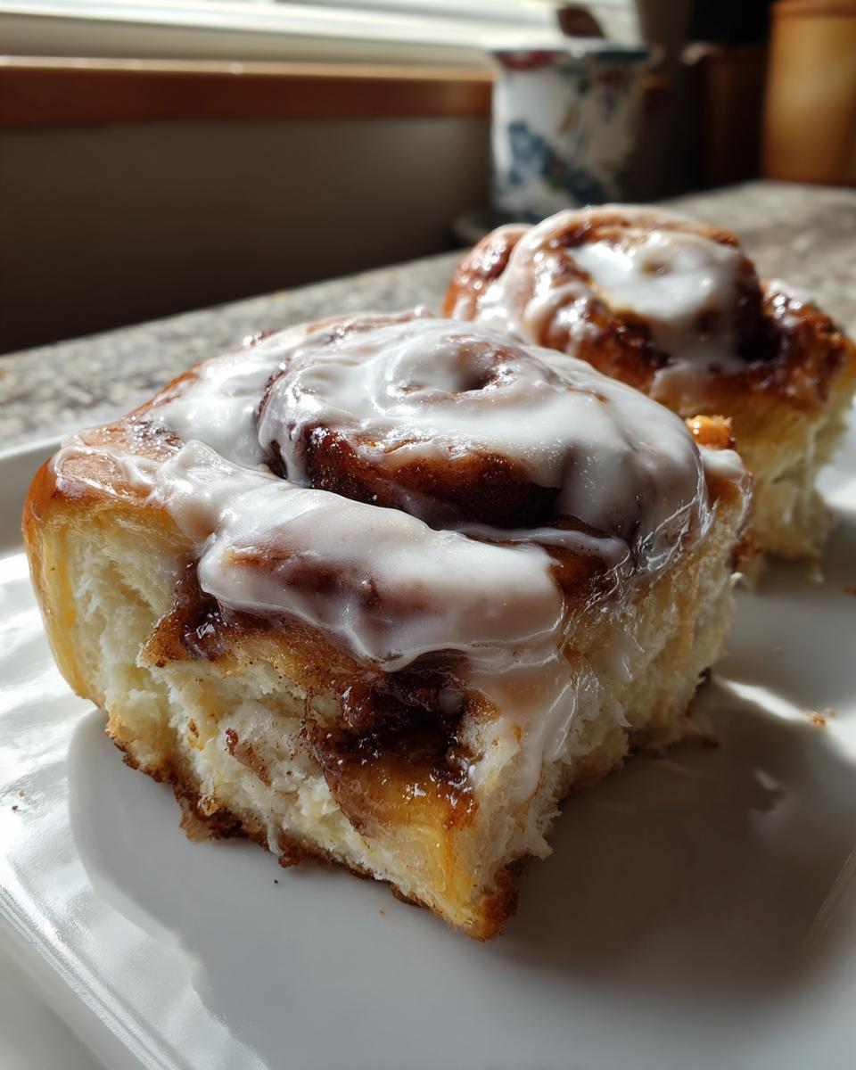 Two fluffy, freshly baked cinnamon buns topped with thick white icing, sitting on a white plate.