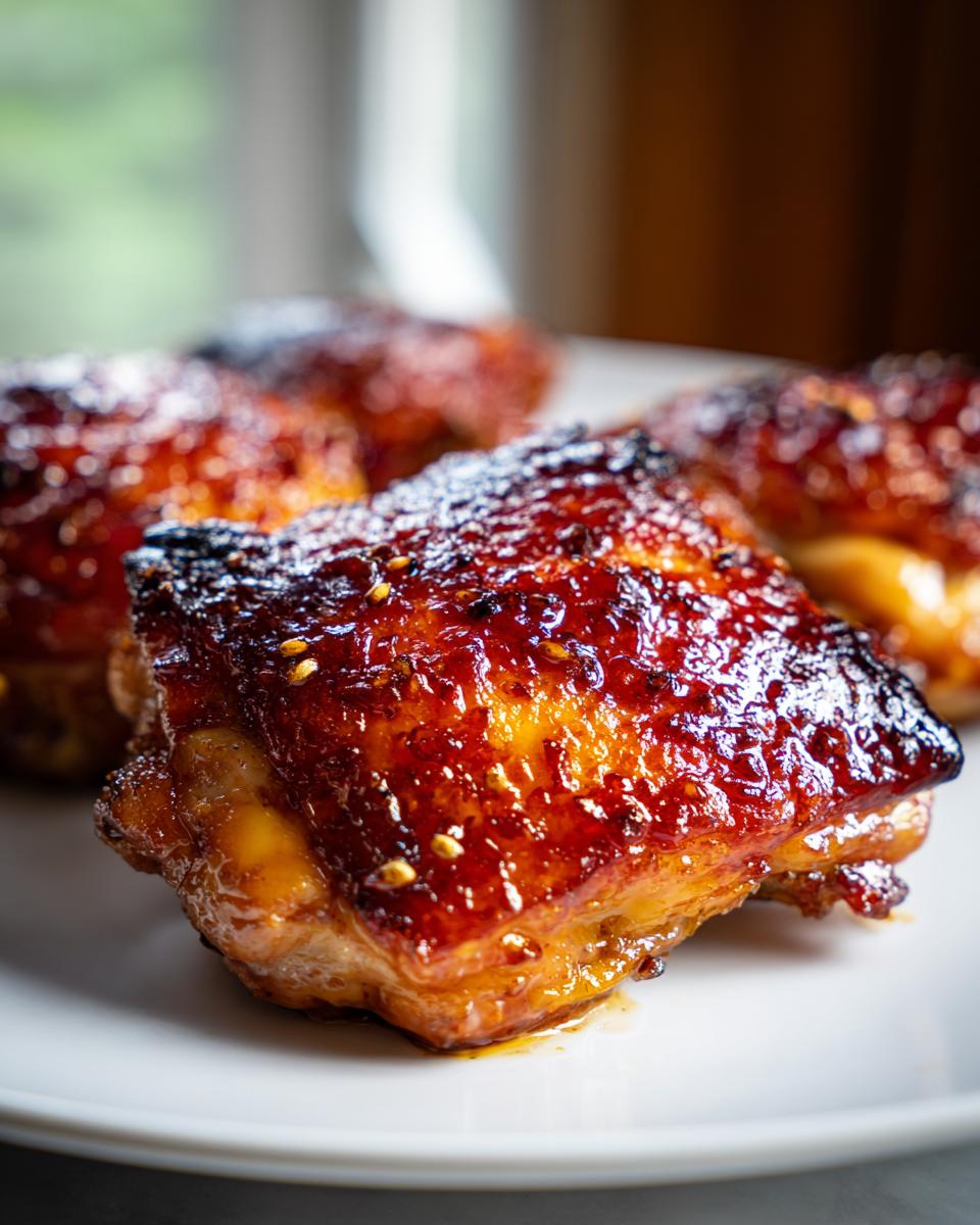Close-up of perfectly glazed, crispy chicken thighs sprinkled with sesame seeds on a white plate.