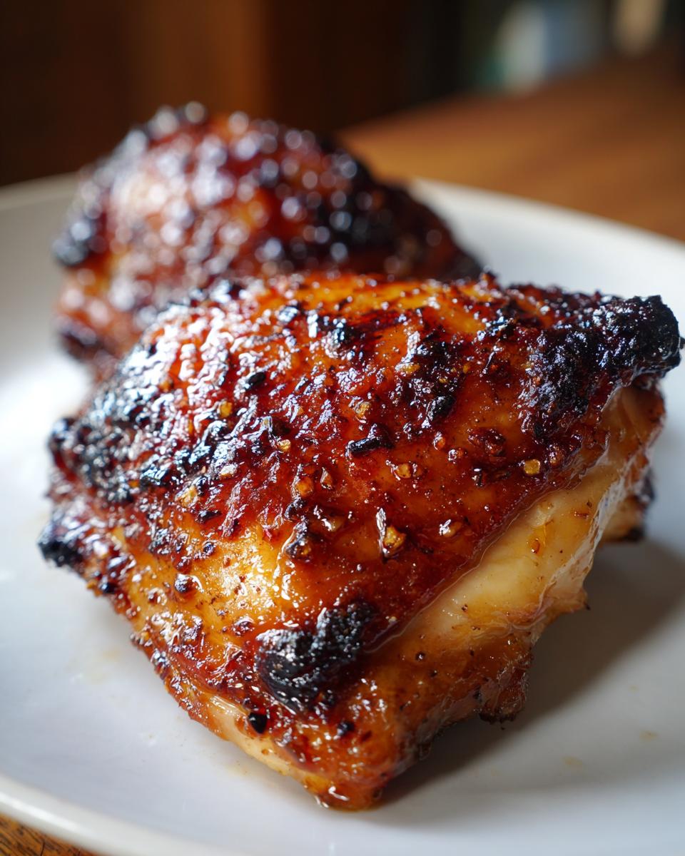 Close-up of two perfectly cooked, glazed chicken thighs with crispy, dark brown skin on a white plate.