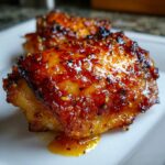 Close-up of a perfectly glazed and caramelized chicken thighs with visible mustard seeds.
