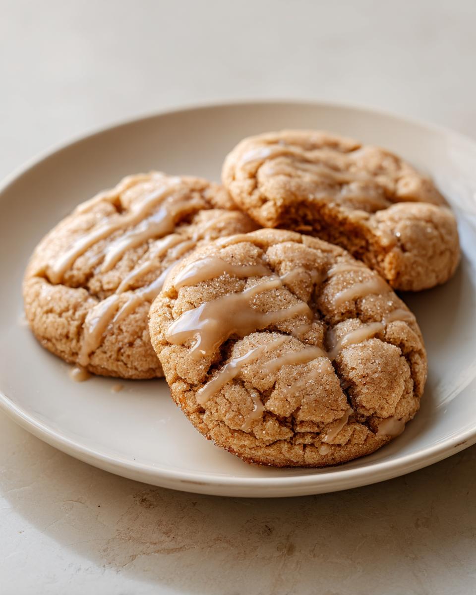 Three soft, crackled maple brown sugar cookies, two drizzled with a light glaze, resting on a cream-colored plate.