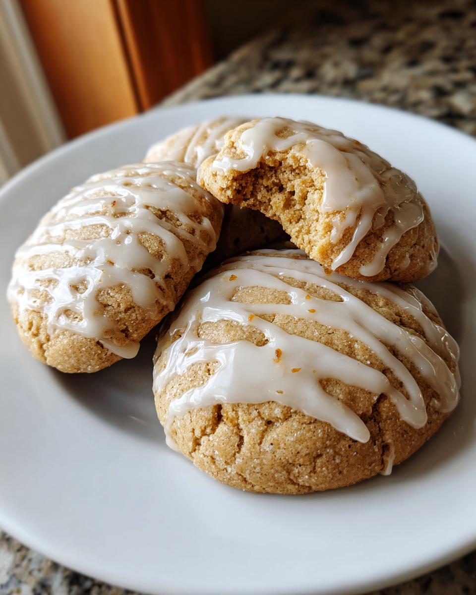 A stack of soft maple brown sugar cookies drizzled with white glaze, one cookie has a bite taken out.