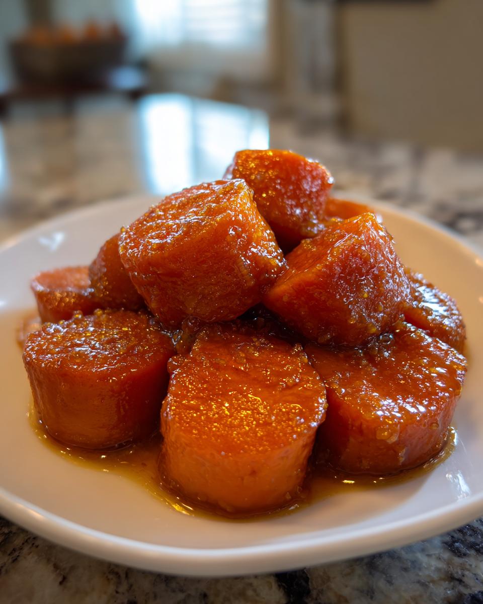 A close-up shot of thick-cut, glazed southern candied yams piled high on a white plate.