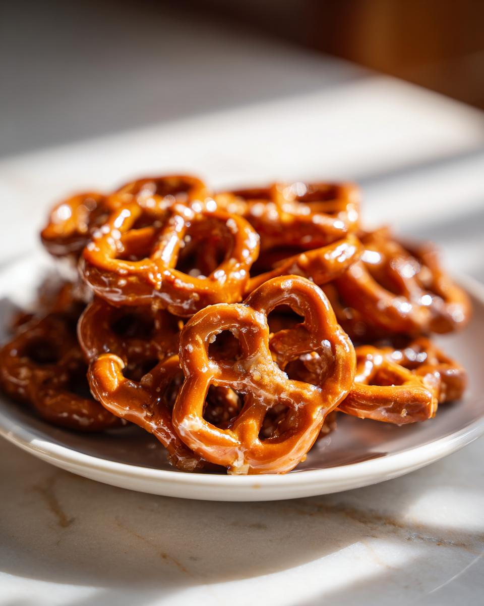 A pile of shiny, glazed toffee pretzels stacked on a small white plate, catching the sunlight.