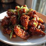 A pile of crispy korean fried chicken recipe pieces coated in a dark, glossy sauce and topped with sesame seeds and green onions.