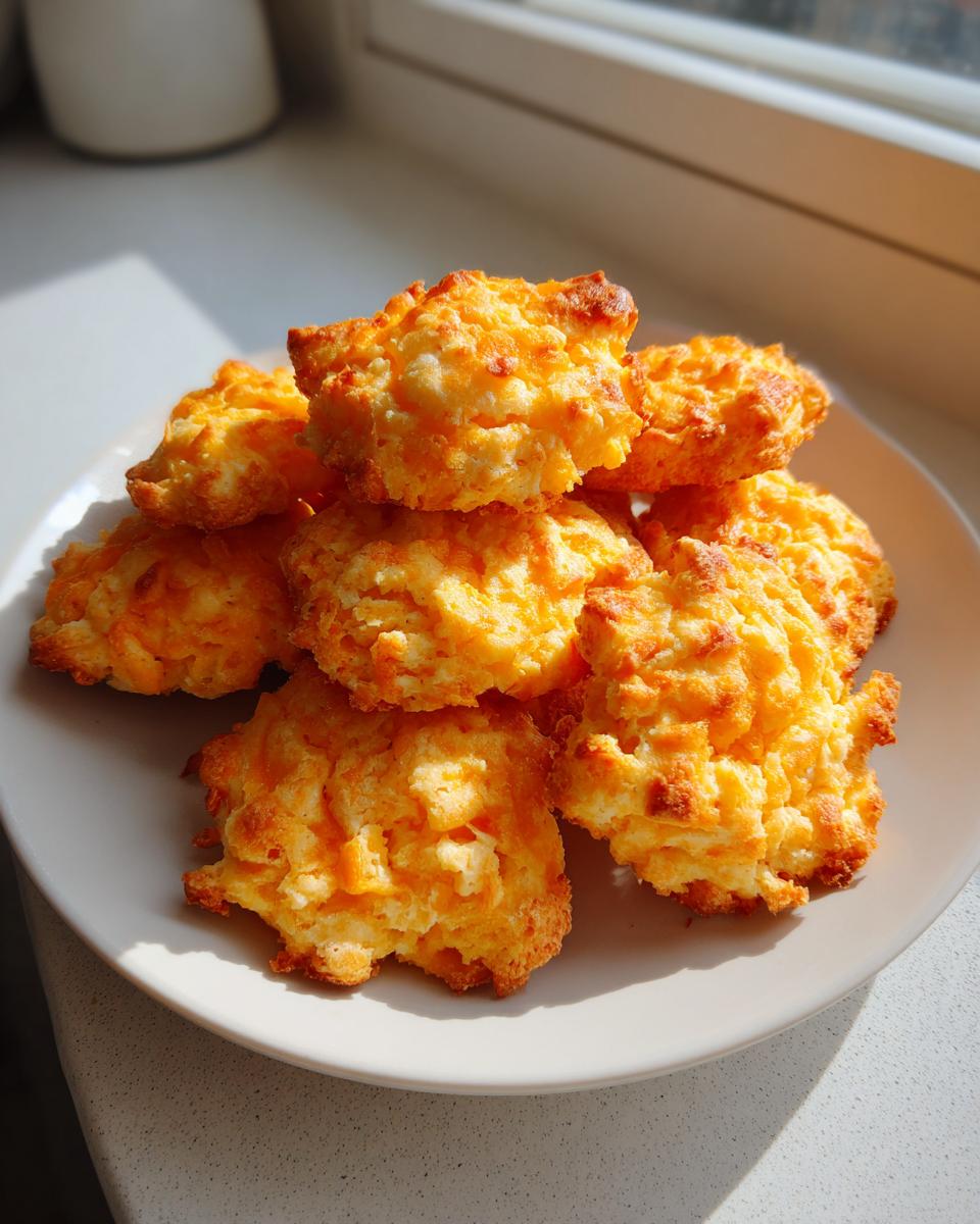 A pile of golden, baked 4-ingredient cheese crackers with a fluffy texture sitting on a white plate.