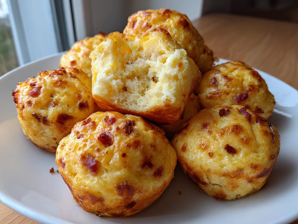 A pile of golden brown, savory egg bites studded with bacon bits served on a white plate.