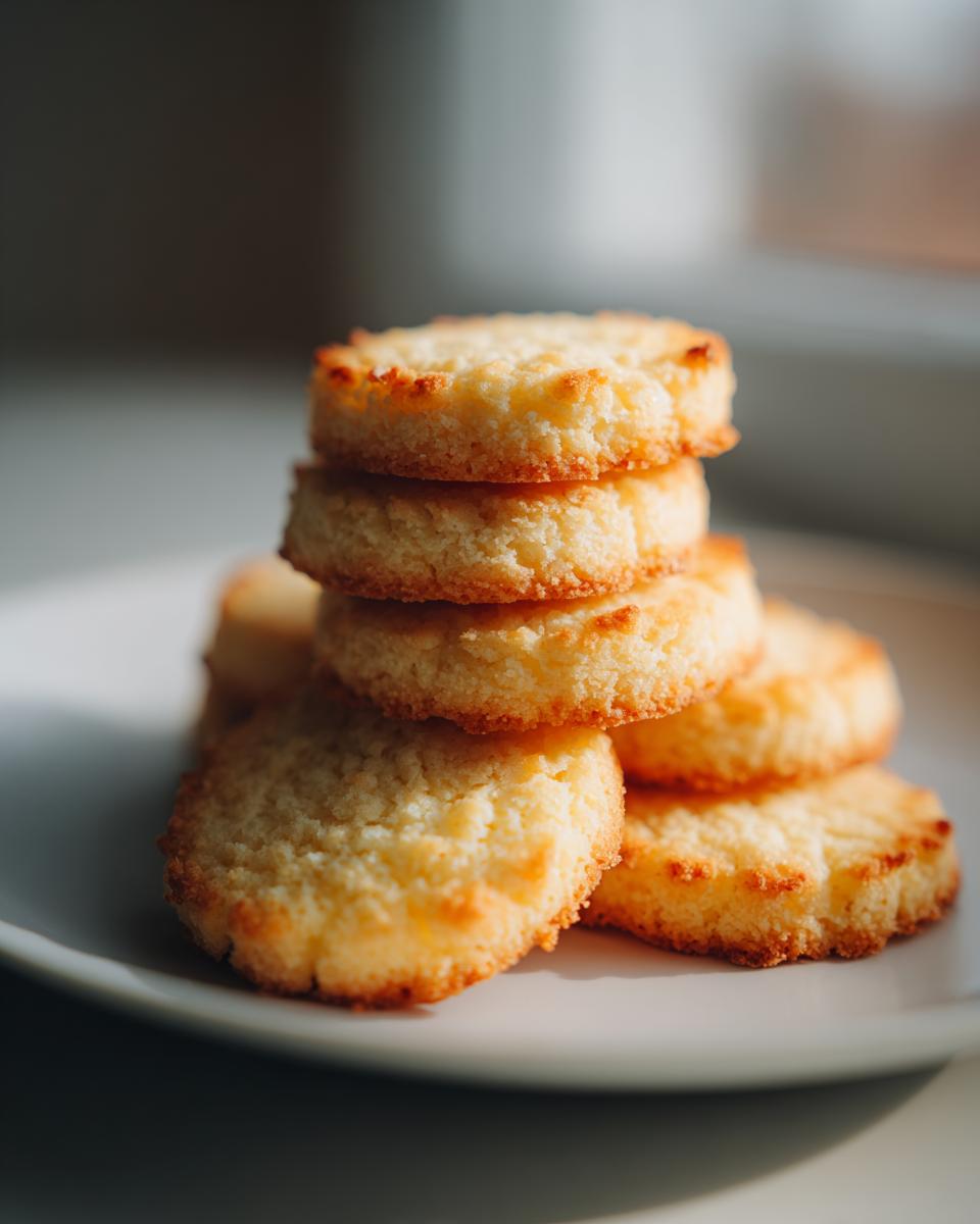 A stack of golden brown, slightly textured butter cookie rounds resting on a white plate, illuminated by natural light.