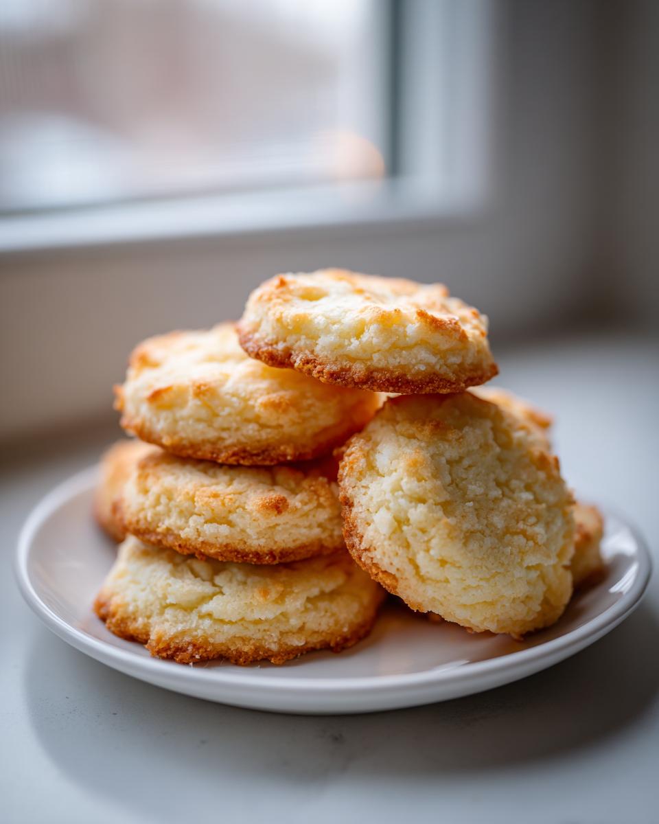A stack of freshly baked, golden-edged butter cookie treats piled on a small white plate near a bright window.