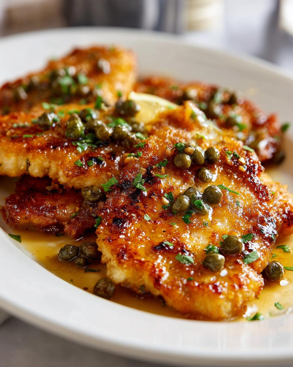 Close-up of pan-seared chicken piccata fillets covered in a glossy lemon-butter sauce and topped with capers and parsley.