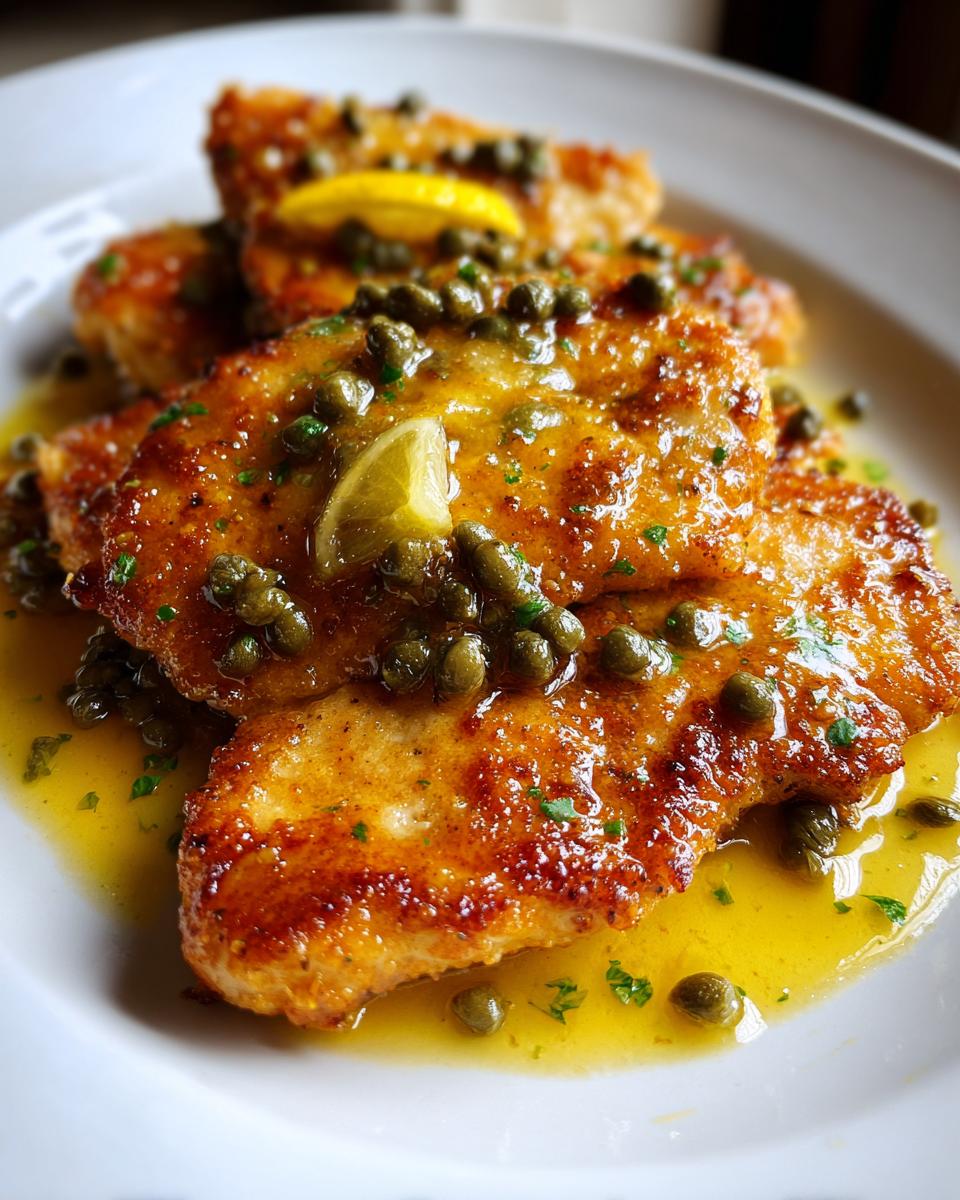 Close-up of golden-brown chicken piccata fillets covered in a lemon-butter sauce, capers, and lemon slices.