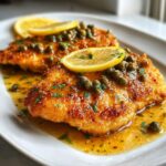 Close-up of two golden-brown chicken piccata cutlets swimming in lemon-butter sauce, topped with capers and lemon slices.