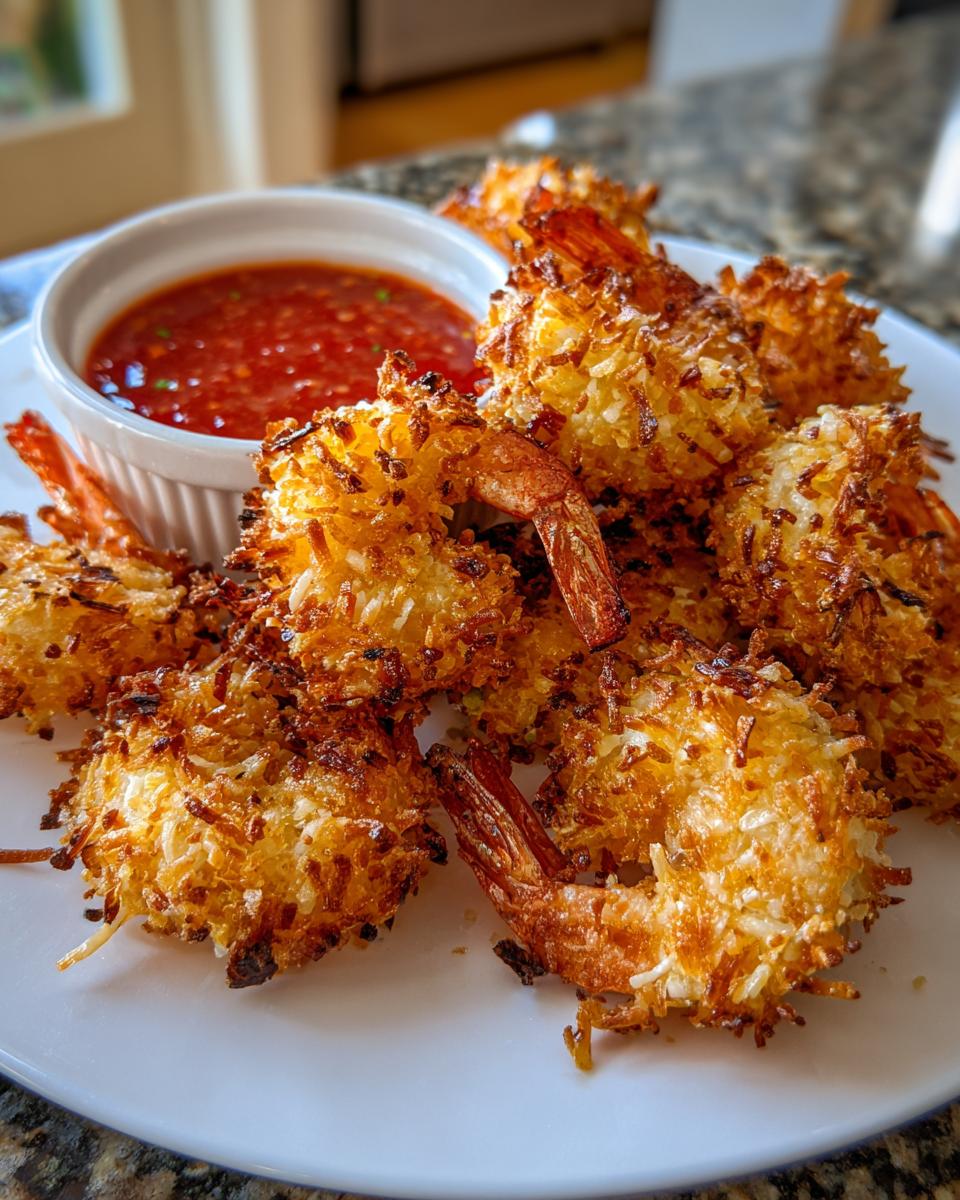 A plate piled high with golden, crispy coconut shrimp served alongside a small white bowl of red dipping sauce.