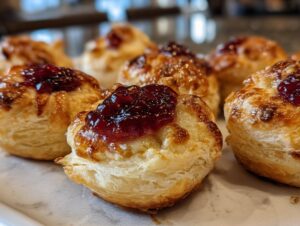 Close-up of several golden, flaky cranberry brie bites topped with melted brie and dark red cranberry jam.