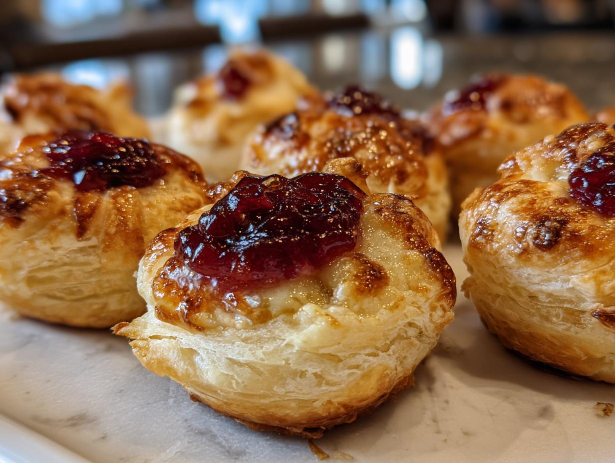 Close-up of several golden, flaky cranberry brie bites topped with melted brie and dark red cranberry jam.