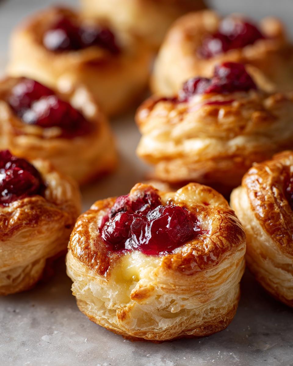Close-up of golden, flaky cranberry brie bites with melted brie cheese and bright red cranberry topping.