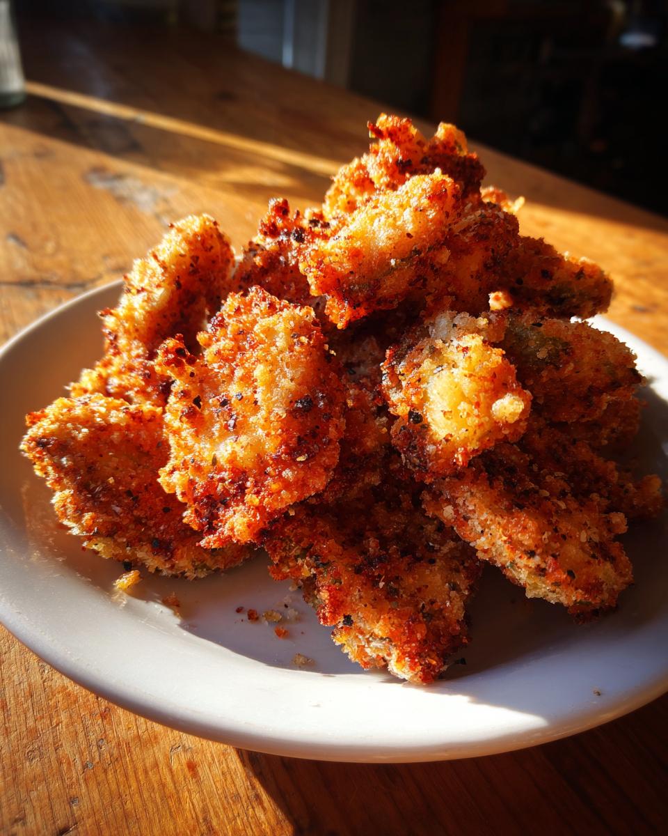 A pile of perfectly golden brown, crispy Fried Pickles seasoned with dark spices, served on a white plate.