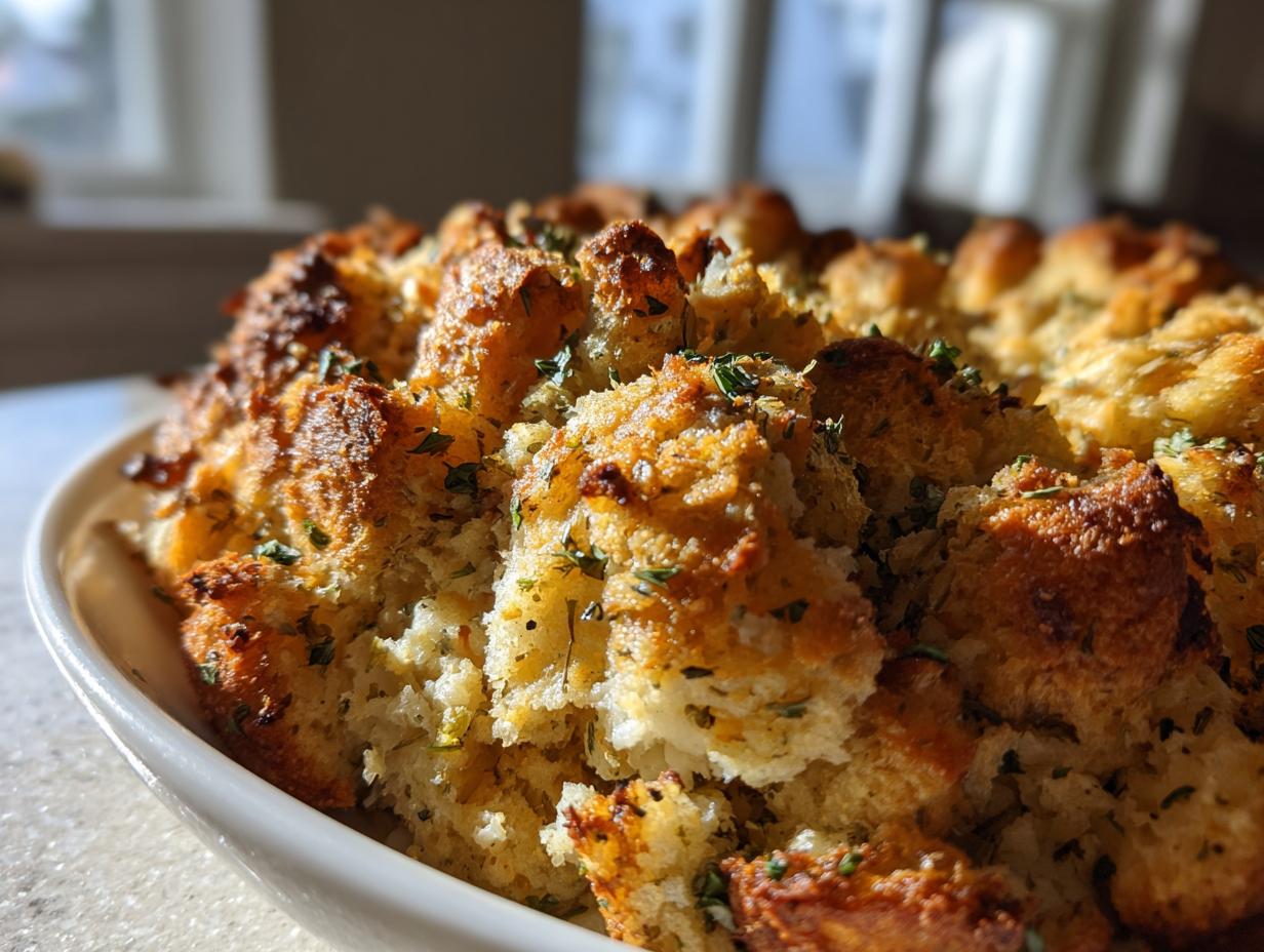 Close-up of golden brown, herb-topped homemade stuffing baked in a white serving dish.