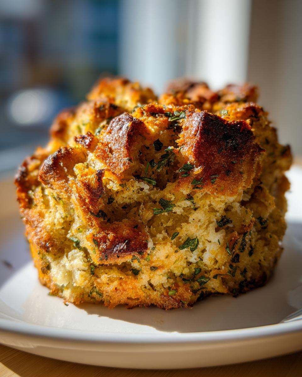 A close-up of a golden brown, savory portion of homemade stuffing topped with green herbs.