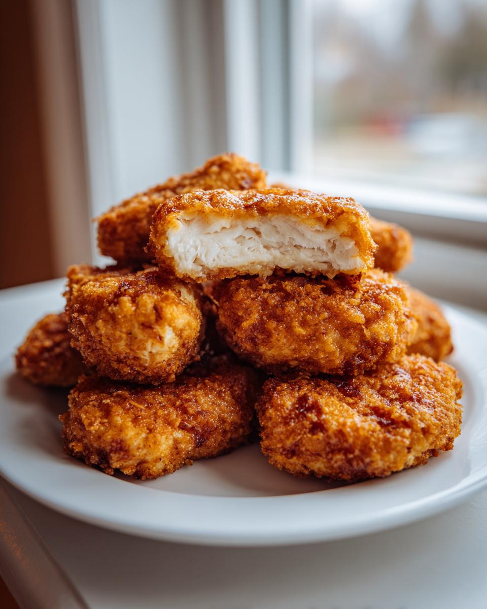 A stack of crispy, golden homemade chicken nuggets on a white plate, one nugget cut open revealing white chicken meat.
