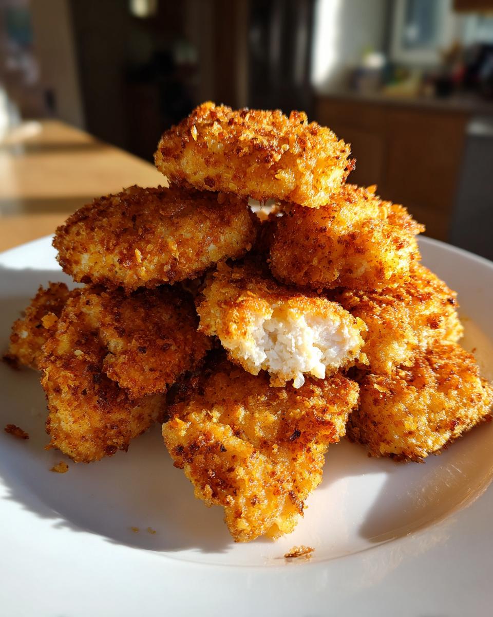 A pile of golden brown, crispy homemade chicken nuggets stacked on a white plate, with one nugget broken open showing the white meat.