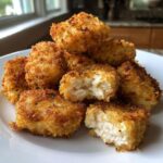 A pile of crispy, golden homemade chicken nuggets on a white plate, one nugget is broken open showing the white interior.