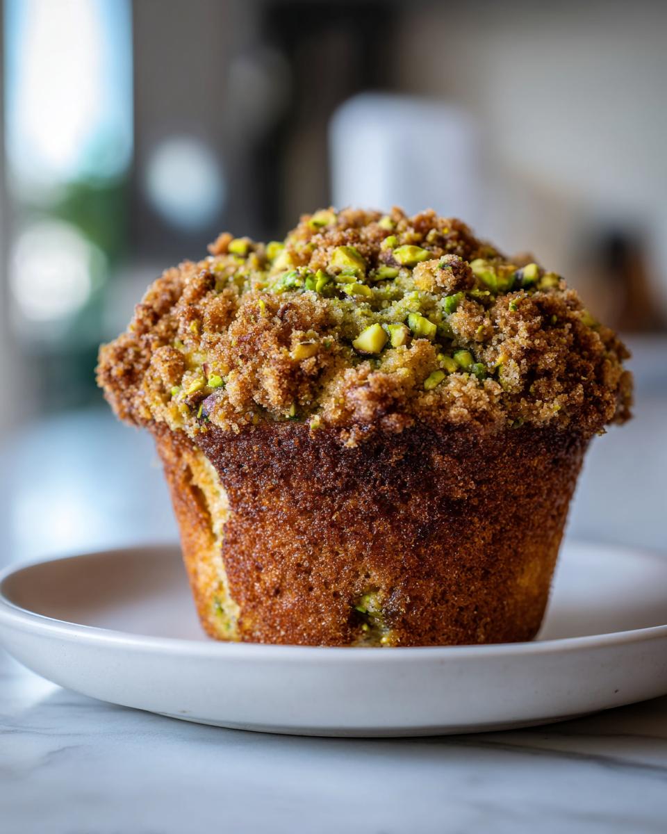 A close-up of a single, golden-brown pistachio muffins topped with a generous brown sugar crumb and chopped pistachios.