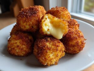 A pile of crispy, golden brown potato croquettes, one broken open showing a melted cheese center.