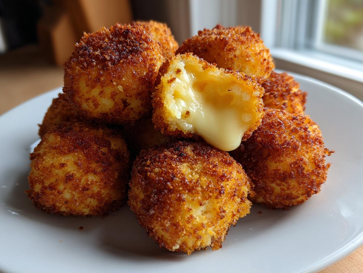 A pile of crispy, golden brown potato croquettes, one broken open showing a melted cheese center.
