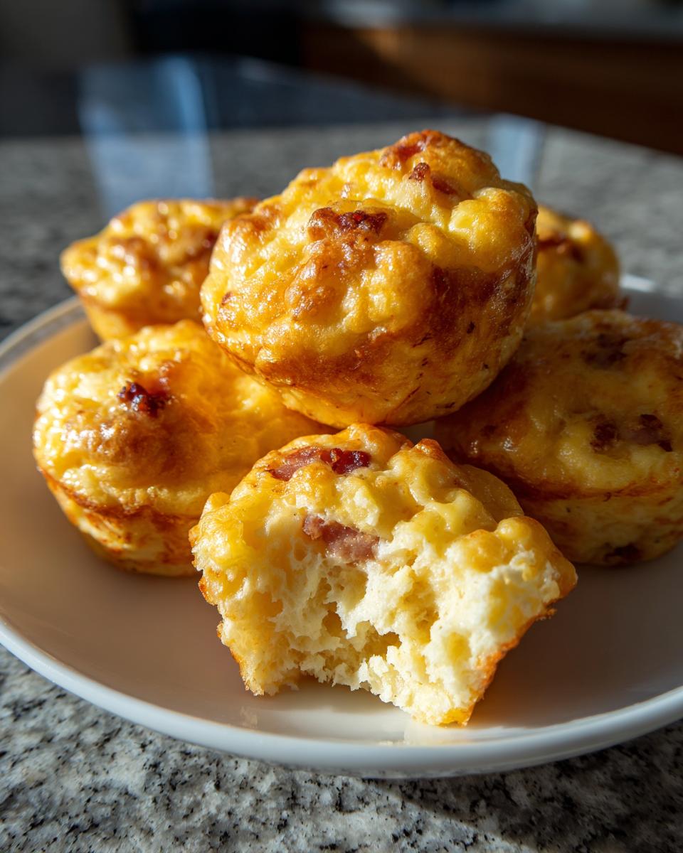 A stack of golden brown, fluffy egg bites on a white plate, with one bite broken open showing the interior texture.