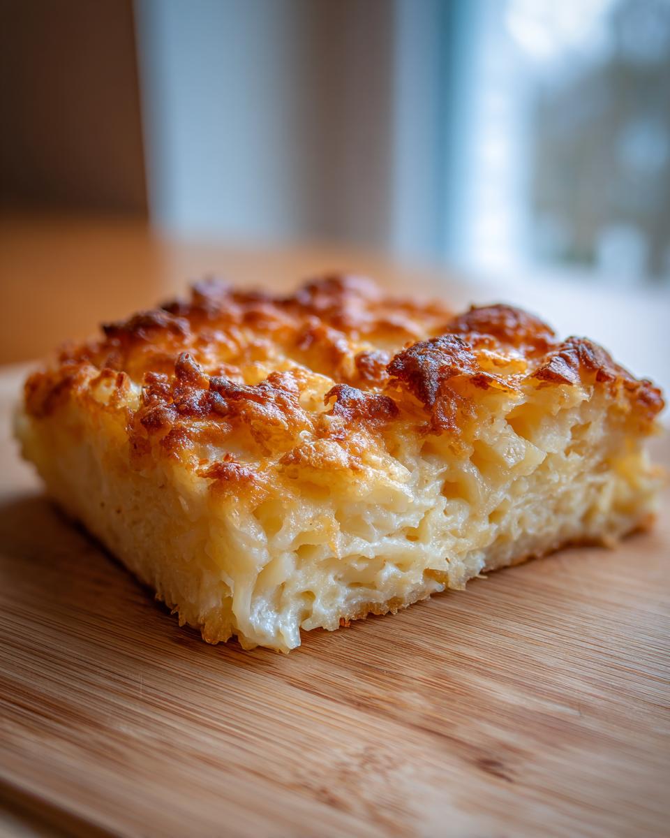 Close-up of a square slice of cheesy, baked funeral potatoes recipe on a wooden board.