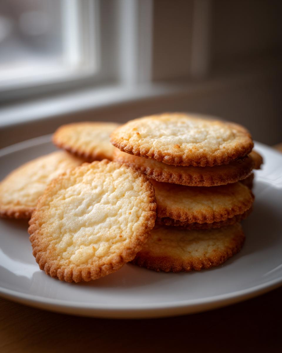 A stack of golden brown, round butter cookie treats with crimped edges resting on a white plate.