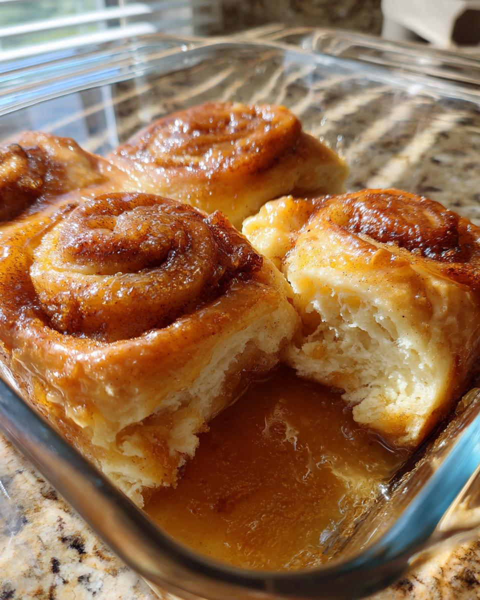Close-up of gooey, glazed baked rolls, likely apple dumpling, soaking in caramel sauce in a glass dish.