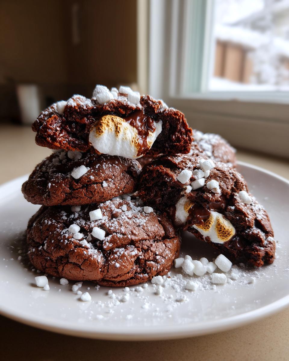 Stack of rich, dark hot chocolate cookies oozing melted marshmallow and chocolate, dusted with powdered sugar.
