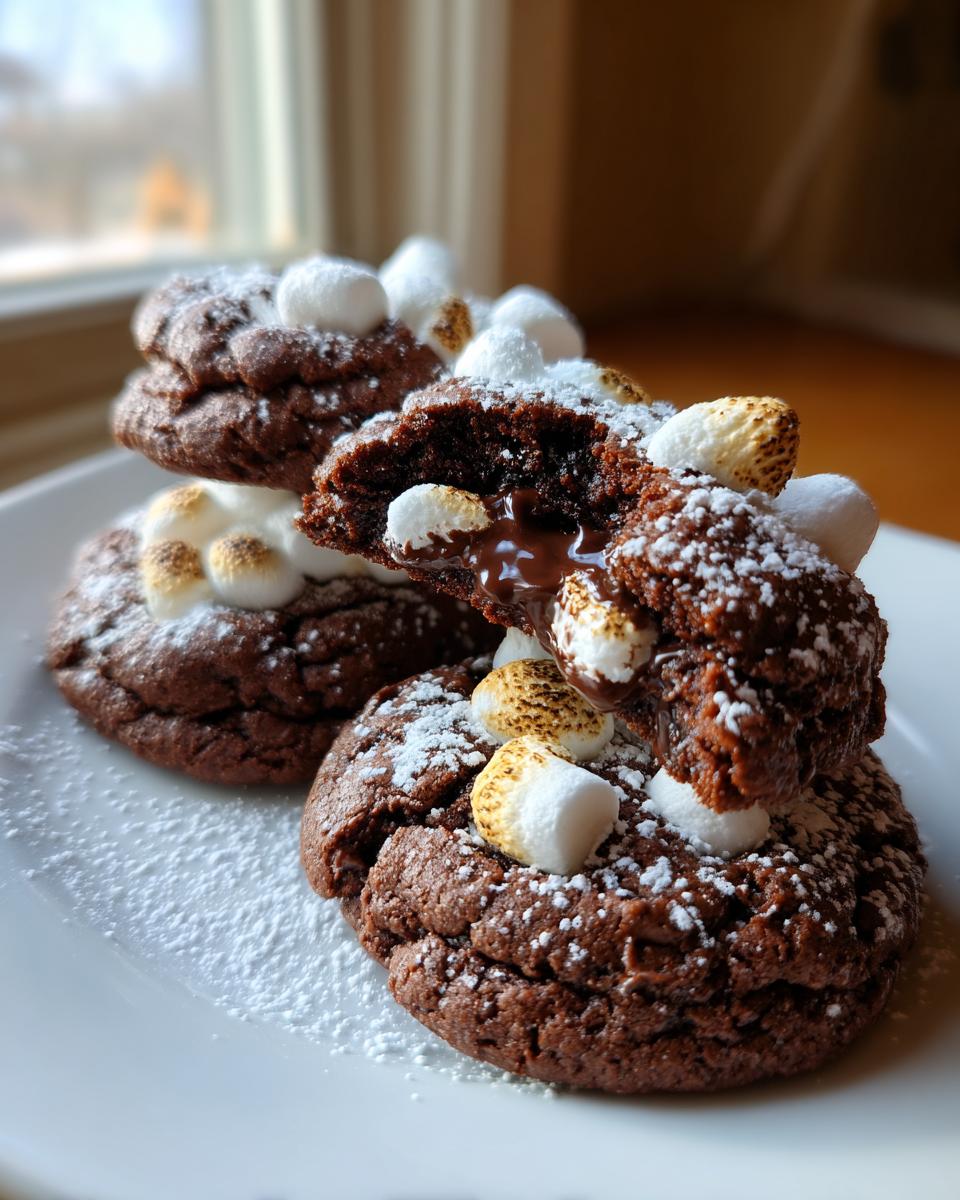 Close-up of stacked hot chocolate cookies, one broken open revealing melted chocolate and topped with toasted marshmallows and powdered sugar.